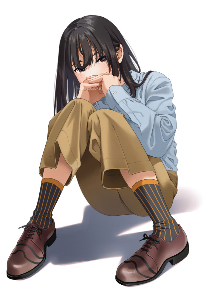 1girl black_hair black_socks blue_shirt blush brown_eyes brown_footwear brown_pants covered_mouth full_body hands_up interlocked_fingers knees_up long_hair looking_at_viewer mattaku_mousuke original own_hands_together pants shadow shirt shoes simple_background sitting socks solo striped striped_socks twitter_username vertical-striped_socks vertical_stripes white_background