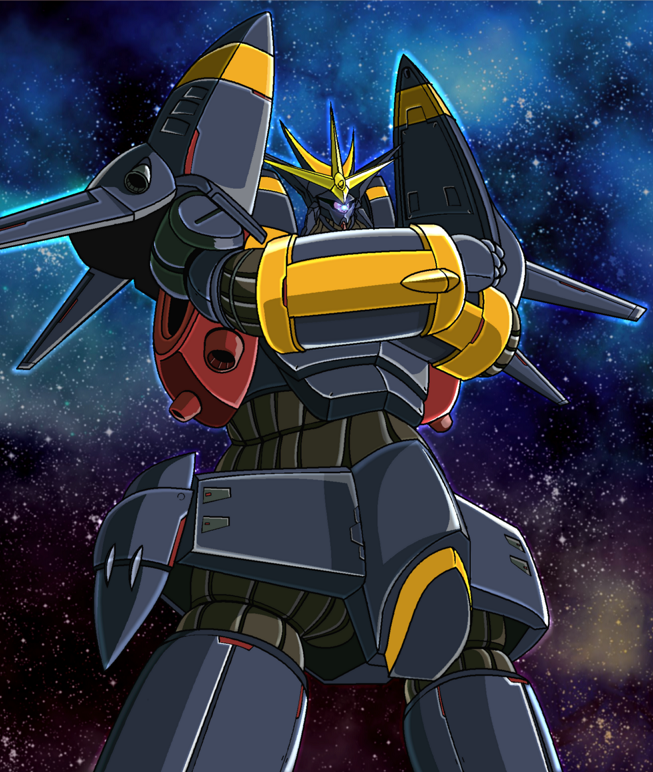commentary_request energy gainax glowing glowing_eye gunbuster gunbuster_pose joy_(cyber_x_heaven) mecha nebula no_humans one-eyed robot science_fiction space starry_background super_robot super_robot_wars thrusters top_wo_nerae! upper_body