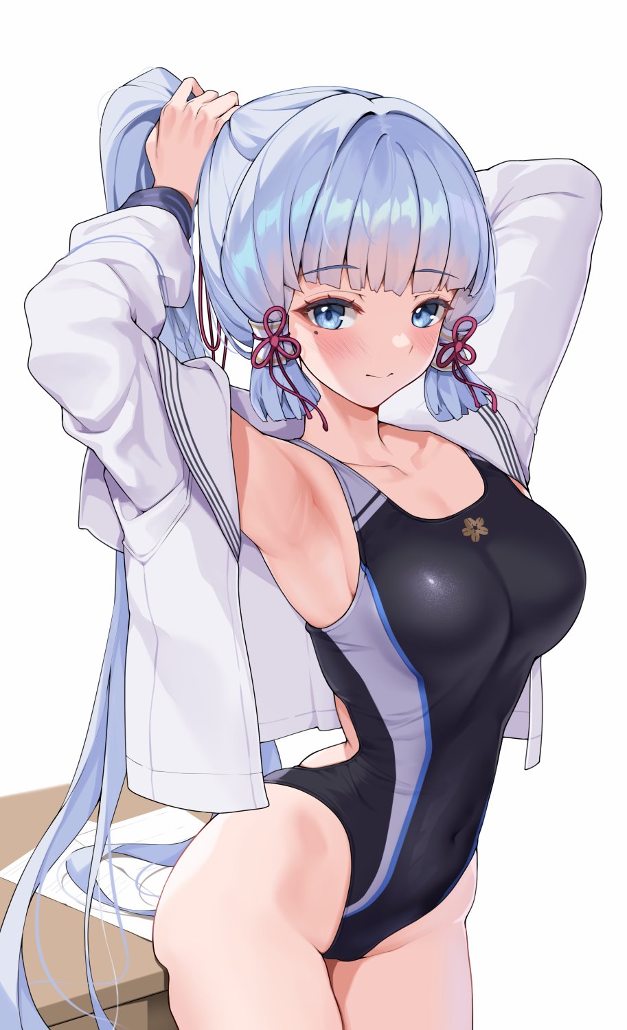 1girl against_table armpits blue_eyes blue_hair blush breasts chinese_knot competition_swimsuit cowboy_shot genshin_impact highleg highres kamisato_ayaka long_hair looking_at_viewer matrix16 medium_breasts one-piece_swimsuit open_clothes open_shirt pantyhose ponytail sideboob sidelocks simple_background smile solo swimsuit tying_hair white_background