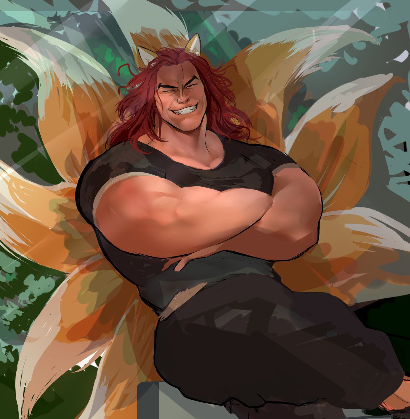 1boy animal_ears bara brown_tail character_request check_character crossed_legs dark-skinned_male dark_skin feet_out_of_frame fox_boy fox_ears fox_tail grappler_baki grin highres infestedcake kemonomimi_mode kitsune kyuubi long_hair looking_at_viewer male_focus mature_male multiple_tails muscular muscular_male outdoors pectorals red_hair retsu_kaioh shirt sitting smile solo tail tight_clothes tight_shirt