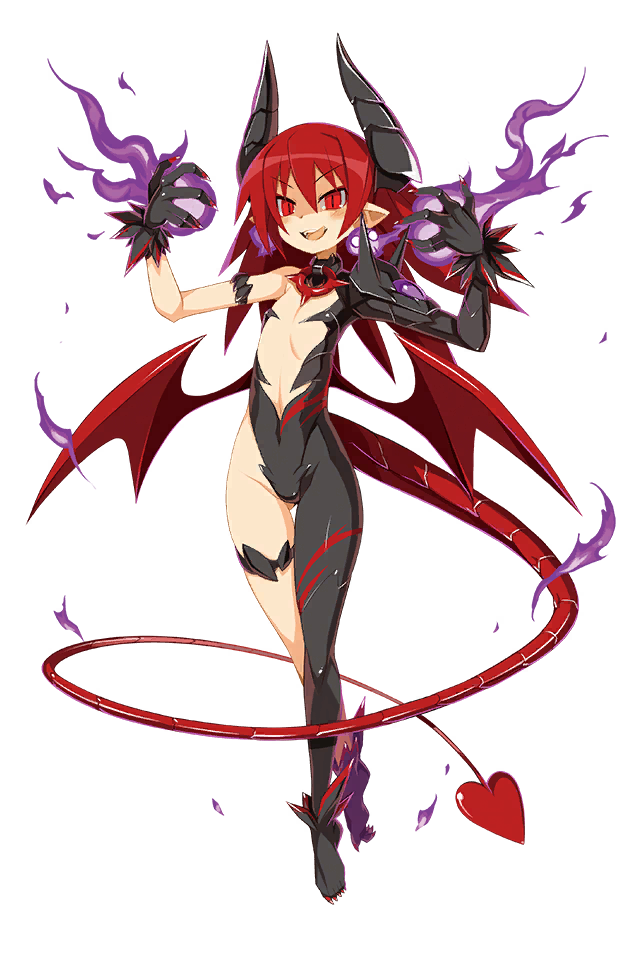 1girl demon_horns demon_tail demon_wings disgaea disgaea_rpg etna_(disgaea) flat_chest full_body horns long_tail official_art pointy_ears red_eyes red_hair red_nails solo tail transparent_background wings