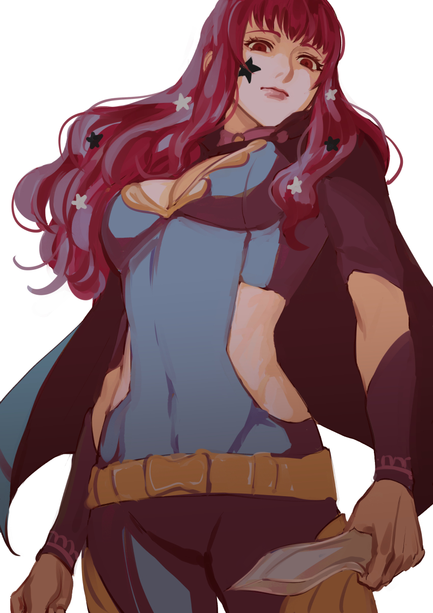 1girl black_cape bodysuit cape choker clothing_cutout facial_mark fire_emblem fire_emblem_engage gold_belt hair_ornament highres holly_hair_ornament multicolored_cape multicolored_clothes pink_choker purple_bodysuit side_cutout star_(symbol) star_facial_mark star_hair_ornament two-tone_cape wh1tecookie yunaka_(fire_emblem)