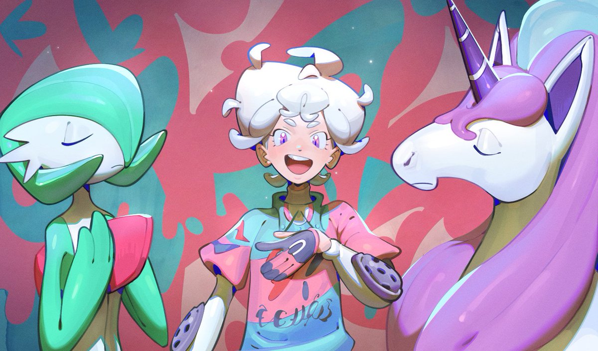 1boy :d ahoge blonde_hair collared_shirt commentary curly_hair eskey_09 galarian_rapidash gardevoir gloves hand_up looking_at_viewer male_focus open_mouth pokemon pokemon:_twilight_wings pokemon_(creature) purple_eyes shirt short_hair smile teeth undershirt upper_body upper_teeth_only