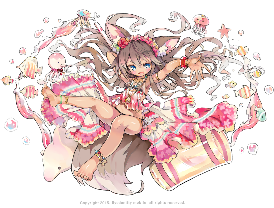 1girl animal_ear_fluff animal_ears anklet armlet bisclavret blue_eyes blush brown_hair copyright_notice fish hammer holding holding_hammer jellyfish jewelry kai-ri-sei_million_arthur long_hair million_arthur_(series) octopus official_art open_mouth outstretched_arm simple_background solo somjeu starfish swimsuit tail white_background wolf_ears wolf_girl wolf_tail