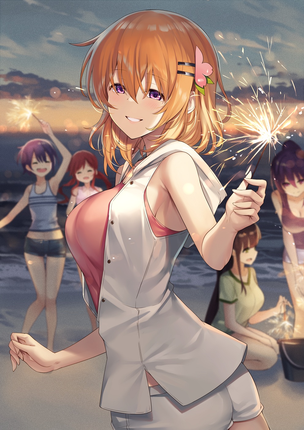 5girls :d ^_^ bangs bare_arms bare_shoulders beach blue_hair breasts brown_hair bucket closed_eyes commentary fireworks gochuumon_wa_usagi_desu_ka? hair_between_eyes hair_ornament hairclip highres hood hood_down hooded_jacket hoto_cocoa jacket jouga_maya large_breasts looking_at_viewer medium_hair multiple_girls natsu_megumi older open_mouth orange_hair parted_lips pink_shirt purple_eyes purple_hair red_hair shirt short_shorts shorts sleeveless sleeveless_jacket smile sparkler squatting sunset tedeza_rize ujimatsu_chiya white_jacket white_shorts xephyrks