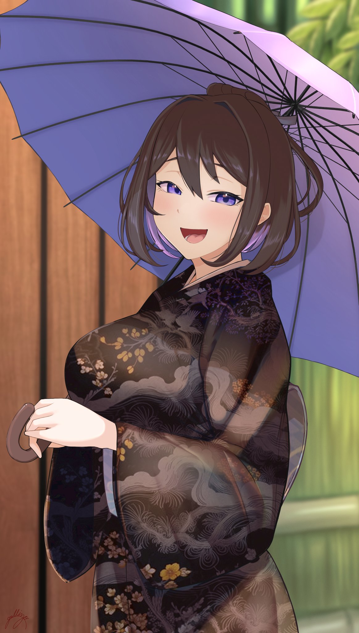 1girl black_hair black_kimono blue_eyes breasts commission from_side gollizo granblue_fantasy highres holding holding_umbrella japanese_clothes kimono looking_at_viewer medium_hair shion_(granblue_fantasy) skeb_commission smile solo umbrella wide_sleeves