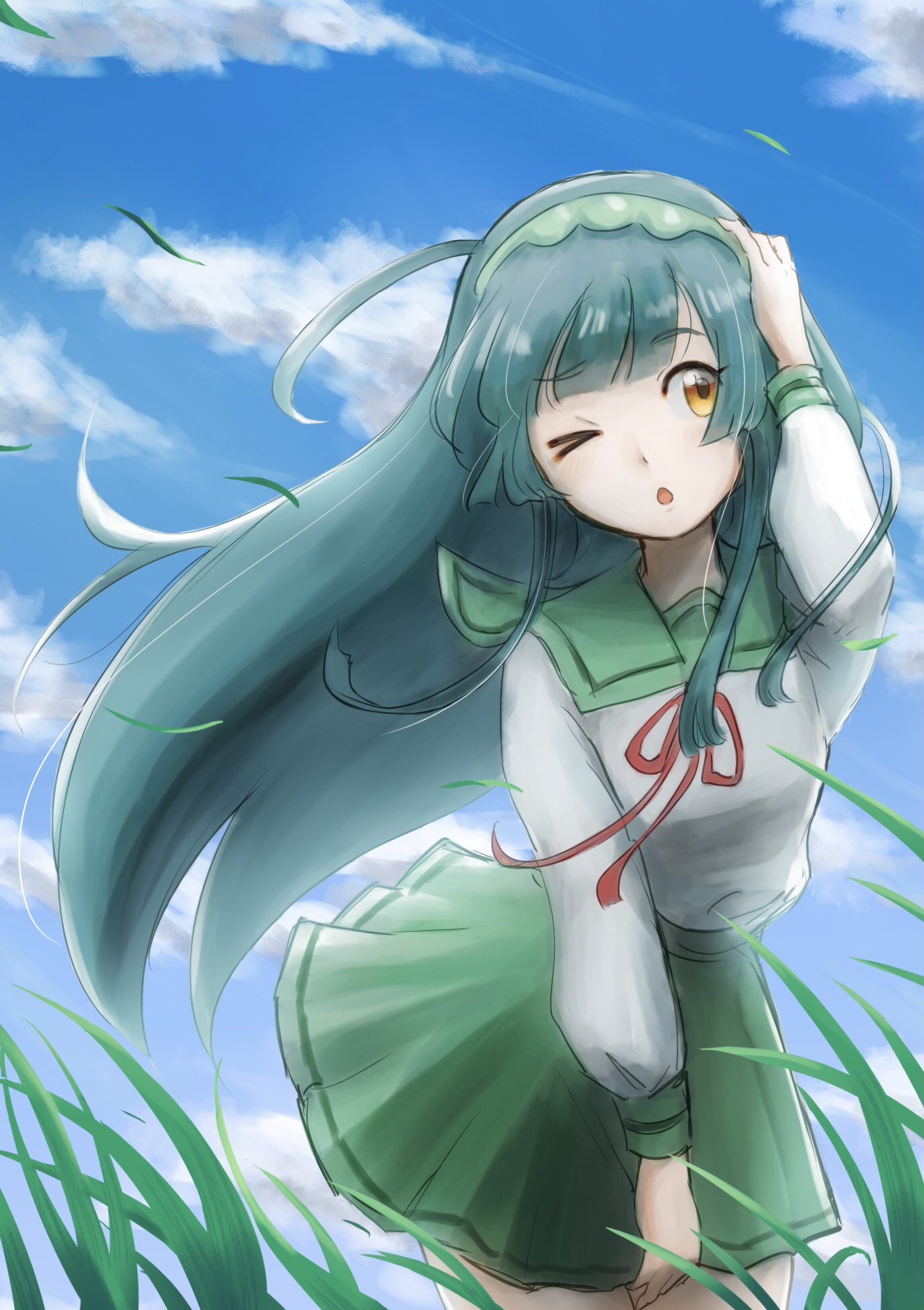 &gt;_o 1girl :o ahoge blue_sky clothes_lift cloud cloudy_sky commentary_request cowboy_shot day floating_hair grass green_sailor_collar green_skirt hand_on_own_head hand_up highres kimutomo_2 long_hair long_sleeves looking_to_the_side neck_ribbon one_eye_closed open_mouth outdoors pleated_skirt raised_eyebrow red_ribbon ribbon sailor_collar school_uniform serafuku shirt skirt skirt_lift skirt_tug sky solo standing tall_grass touhoku_zunko voiceroid white_shirt wind wind_lift yellow_eyes