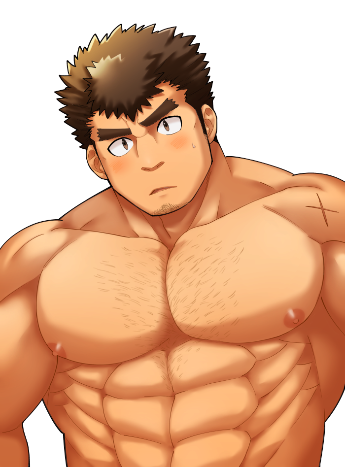 1boy abs bad_id bad_pixiv_id bara blush brown_hair facial_hair goatee goatee_stubble large_pectorals long_sideburns looking_at_viewer male_focus muscular muscular_male nipples nude obliques oskn_tengoku parted_lips pectorals scar short_hair sideburns solo sparse_chest_hair strongman_waist stubble takabushi_kengo thick_eyebrows tokyo_afterschool_summoners upper_body