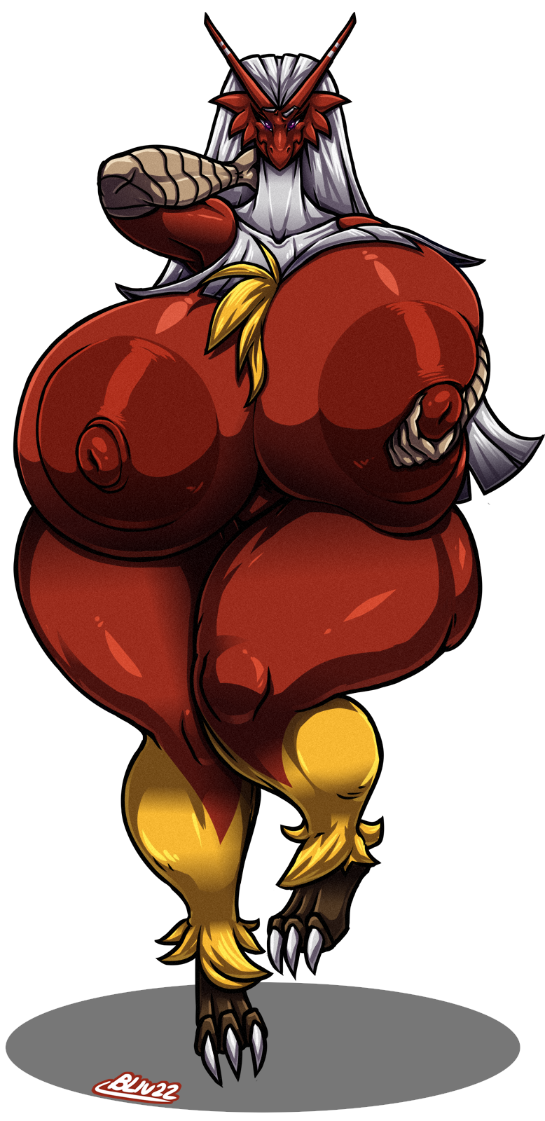 2022 alpha_channel anthro areola big_breasts biped blaziken breasts curvy_figure feathers female front_view generation_3_pokemon hair hand_behind_neck hi_res huge_breasts looking_at_viewer nintendo nipples nude oblivionrising on_one_leg pokemon pokemon_(species) pokemorph purple_eyes red_areola red_body red_feathers red_nipples reina_(gizmo1205) simple_background smile smiling_at_viewer solo standing thick_thighs transparent_background voluptuous white_hair