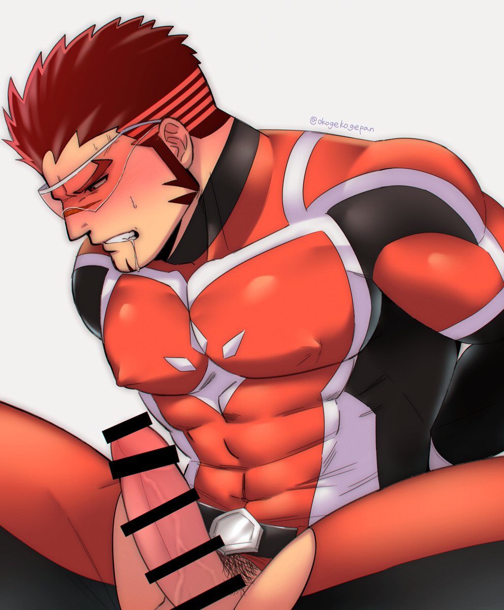 1boy akashi_(live_a_hero) arms_behind_back averting_eyes bad_id bad_twitter_id bar_censor bara bodysuit bulge censored covered_nipples defeat erection erection_under_clothes facial_hair goatee highres humiliation large_pectorals live_a_hero long_sideburns male_focus muscular muscular_male oskn_tengoku pectorals penis red_bodysuit red_eyes red_hair saliva scar scar_on_face scar_on_nose short_hair sideburns solo spread_legs superhero sweatdrop thick_eyebrows thighs veins veiny_penis