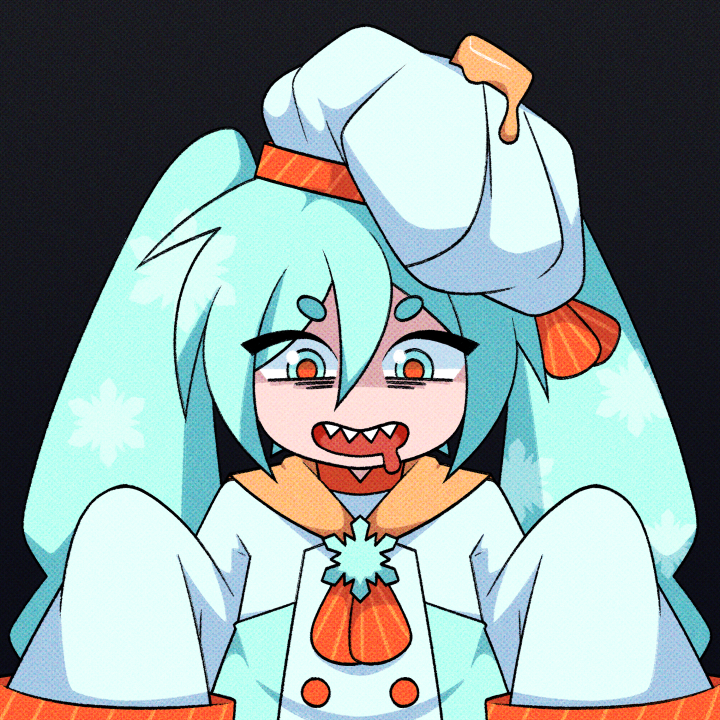 1girl bags_under_eyes black_background blue_eyes blue_hair chef chef_hat cryptidhermit drooling hair_between_eyes hat hatsune_miku long_hair looking_at_viewer mouth_drool neckerchief open_mouth orange_neckerchief orange_pupils sharp_teeth shrimpku sleeves_past_fingers sleeves_past_wrists solo teeth twintails upper_body vocaloid white_headwear