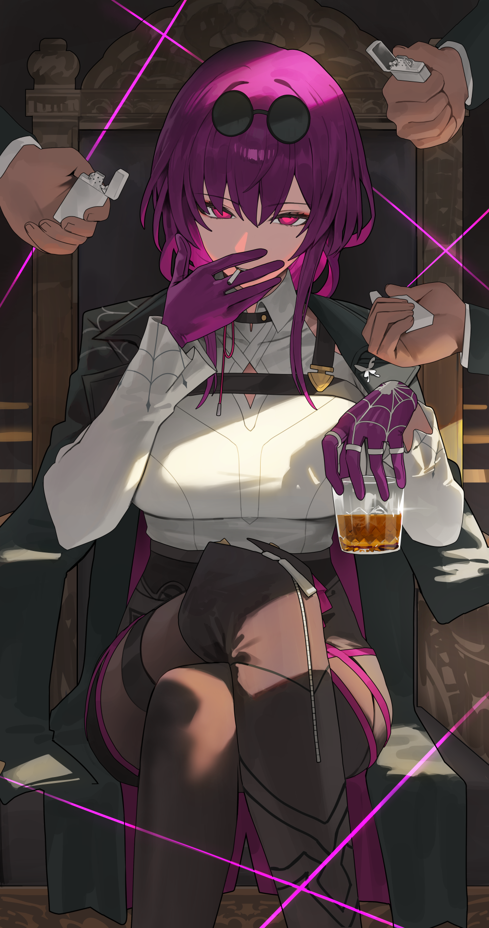 1girl 3boys black_coat boots breasts cigarette coat collared_shirt crossed_legs cup eyewear_on_head feet_out_of_frame gloves highres holding holding_cigarette holding_cup holding_lighter honkai:_star_rail honkai_(series) hood_(james_x) kafka_(honkai:_star_rail) large_breasts lighter long_hair long_sleeves looking_at_viewer multiple_boys pince-nez purple_eyes purple_gloves purple_hair shirt single_thighhigh sitting solo_focus thigh_boots thighhighs thighs white_shirt