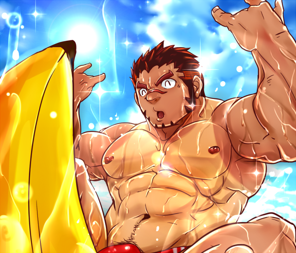 1boy :o ^_^ abs akashi_(live_a_hero) bara bulge closed_eyes cowboy_shot doro_rich facial_hair goatee hands_up happy innertube large_pectorals live_a_hero long_sideburns male_focus male_swimwear muscular muscular_male navel navel_hair nipples paid_reward_available pectorals red_eyes red_hair red_male_swimwear scar scar_on_face scar_on_nose short_hair sideburns solo stomach swim_briefs swim_ring tan thick_eyebrows topless_male w wet