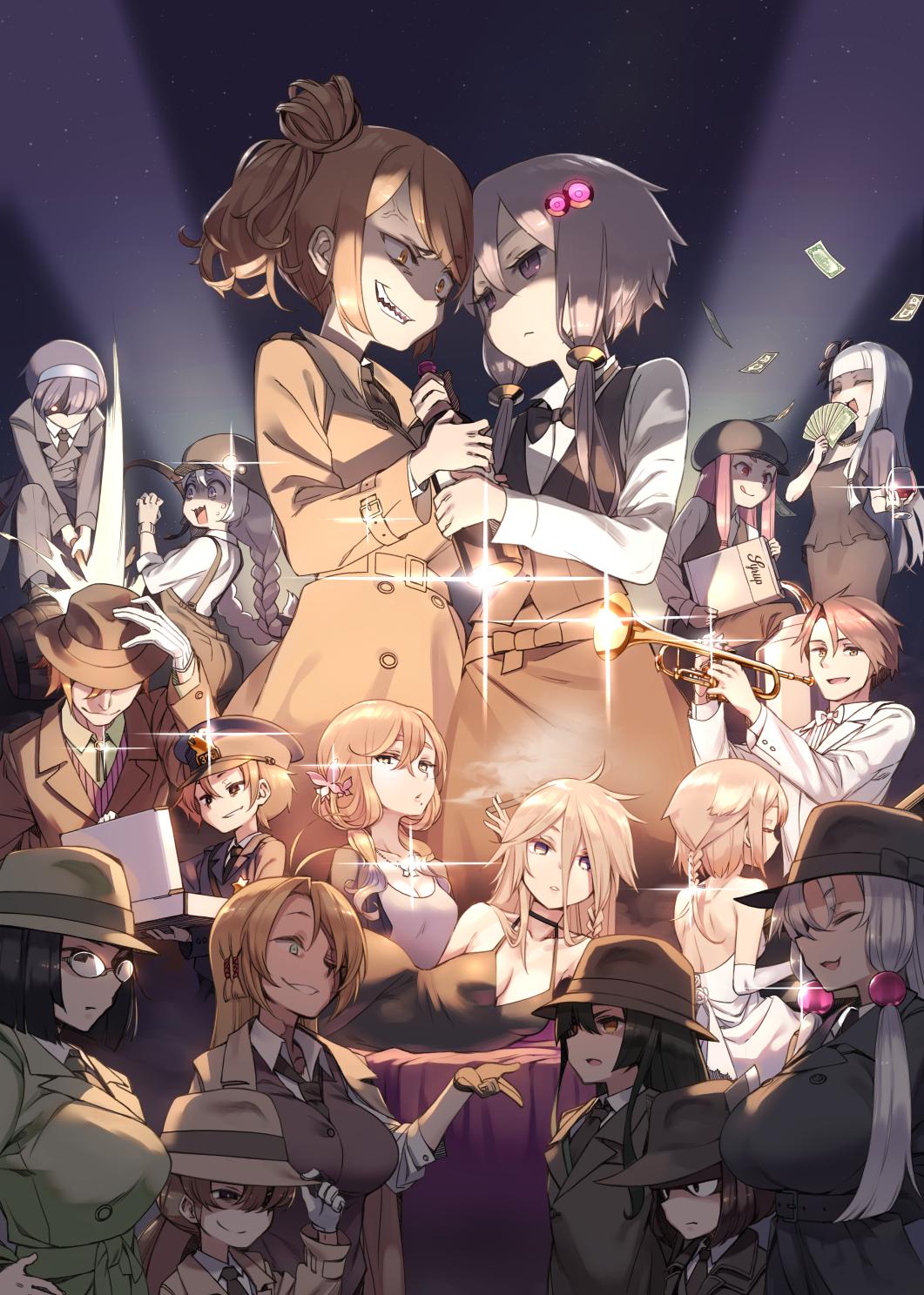 3boys 6+girls :&lt; :3 :q alcohol alternate_costume anger_vein apron arm_up backless_dress backless_outfit banknote belt black_bow black_bowtie black_dress black_eyes black_hair black_necktie black_suit black_vest blonde_hair bolo_tie bottle bow bowtie braid braided_ponytail breasts briefcase brown_coat brown_eyes brown_hair butterfly_hair_ornament cabbie_hat cevio cleavage closed_eyes coat coat_on_shoulders commentary_request confrontation cover cover_page covered_eyes cup doujin_cover dress drinking_glass expressionless falling_money fedora flinch furrowed_brow glaring glasses glint gloves green_eyes grey_hair grin hair_between_eyes hair_bun hair_ornament hair_over_one_eye half-closed_eyes halter_dress halterneck hand_on_headwear hands_up haruno_sora hat hat_over_eyes hat_tip highres holding holding_bottle holding_briefcase holding_cup holding_money holding_trumpet instrument jacket kizuna_akari kotonoha_akane kotonoha_aoi kyoumachi_seika large_breasts laughing long_hair long_sleeves looking_at_another looking_at_viewer low_twin_braids lying mafia medium_breasts minase_kou mochi_(mochi444420) mole mole_under_mouth money multiple_boys multiple_girls necktie night on_side one_(cevio) one_eye_closed orange_hair overalls parted_lips peaked_cap police police_uniform pouring purple_eyes purple_hair red_eyes satou_sasara scar scar_on_face scared searchlight shaded_face sharp_teeth shirt short_hair short_sleeves side_ponytail sidelocks single_side_bun sleeves_pushed_up smear_frame smile smirk smoking sparkle suit suzuki_tsudumi takahashi_amato teeth tongue tongue_out touhoku_itako touhoku_kiritan touhoku_zunko trench_coat trumpet tsukuyomi_ai tsukuyomi_shouta tuxedo twin_braids underbust uneven_eyes uniform v-shaped_eyebrows vest vocaloid voiceroid waist_apron white_bow white_bowtie white_dress white_gloves white_jacket white_shirt wine wine_bottle wine_glass work_gloves yellow_eyes yuzuki_yukari
