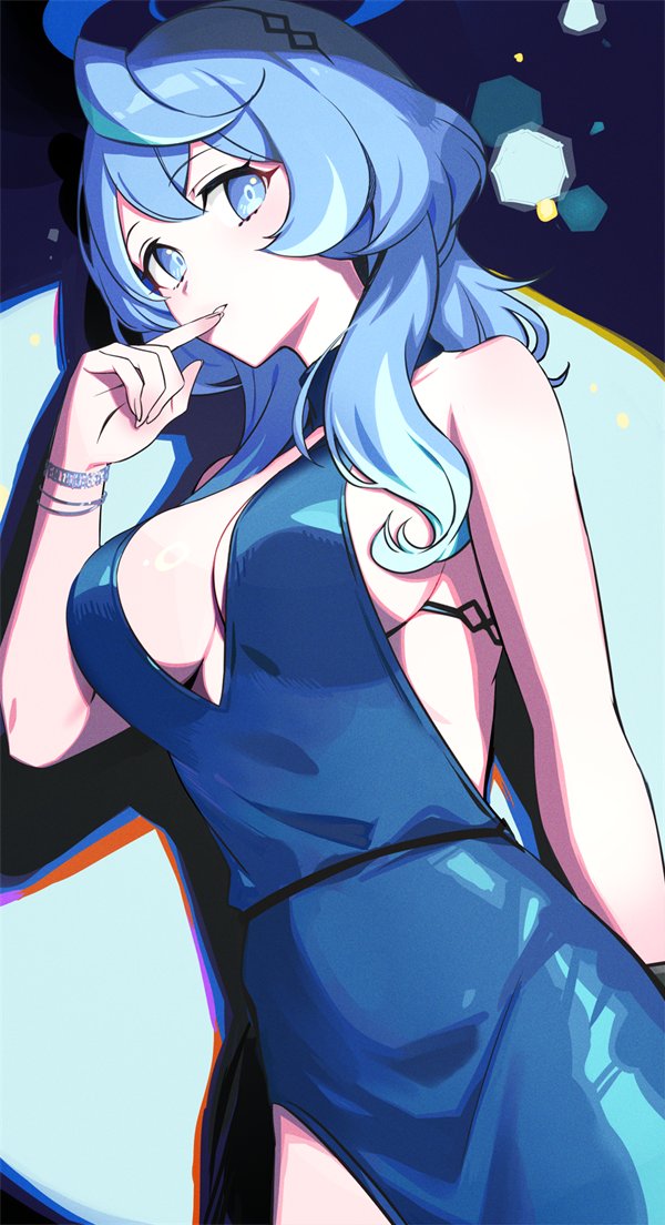 1girl ako_(blue_archive) ako_(dress)_(blue_archive) black_hairband blue_archive blue_dress blue_eyes blue_hair blue_halo breasts cowboy_shot dress fingernails hair_between_eyes hairband halo large_breasts long_hair official_alternate_costume open_mouth sideboob sleeveless sleeveless_dress solo yuura