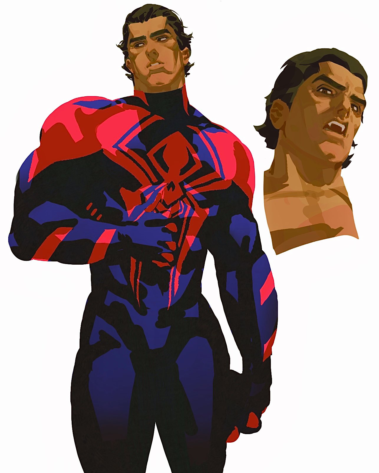 1boy animal_print badnotime bara blue_bodysuit bodysuit cheekbones collage cropped_head feet_out_of_frame hair_slicked_back highres large_pectorals male_focus marvel mature_male miguel_o'hara muscular muscular_male pectorals print_bodysuit red_bodysuit short_hair spider-man:_across_the_spider-verse spider-man_(2099) spider-man_(series) spider-verse spider_print standing strongman_waist thick_thighs thighs two-tone_bodysuit