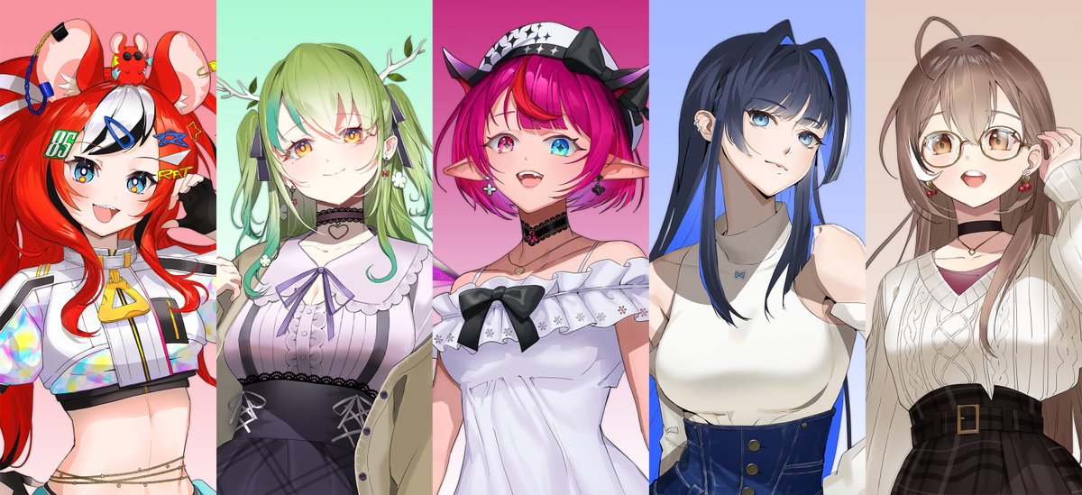 5girls ahoge animal_ears antlers bare_shoulders beret black_bow black_choker black_gloves black_hair black_skirt blue_eyes blue_hair bow breasts brown_hair ceres_fauna ceres_fauna_(jirai_kei) choker closed_mouth colored_inner_hair column_lineup crop_top cropped_jacket dress ear_piercing earrings food-themed_earrings frills glasses gloves green_hair grey_shirt grey_sweater hair_between_eyes hair_intakes hair_ornament hairclip hakos_baelz hakos_baelz_(casual) hat heart heterochromia holocouncil hololive hololive_english horns irys_(casualrys)_(hololive) irys_(hololive) jacket jewelry lace lace_choker large_breasts looking_at_viewer medium_breasts mouse_ears mouse_girl mr._squeaks_(hakos_baelz) multicolored_hair multiple_girls nanashi_mumei nanashi_mumei_(casual) navel neck_ribbon necklace ogye_01 open_mouth ouro_kronii ouro_kronii_(casual) piercing plaid plaid_skirt pointy_ears purple_ribbon purple_shirt red_eyes red_hair ribbon sharp_teeth shirt skirt sleeveless sleeveless_shirt smile streaked_hair sweater teeth triangle_hair_ornament twintails virtual_youtuber white_dress white_hair white_headwear white_jacket yellow_eyes