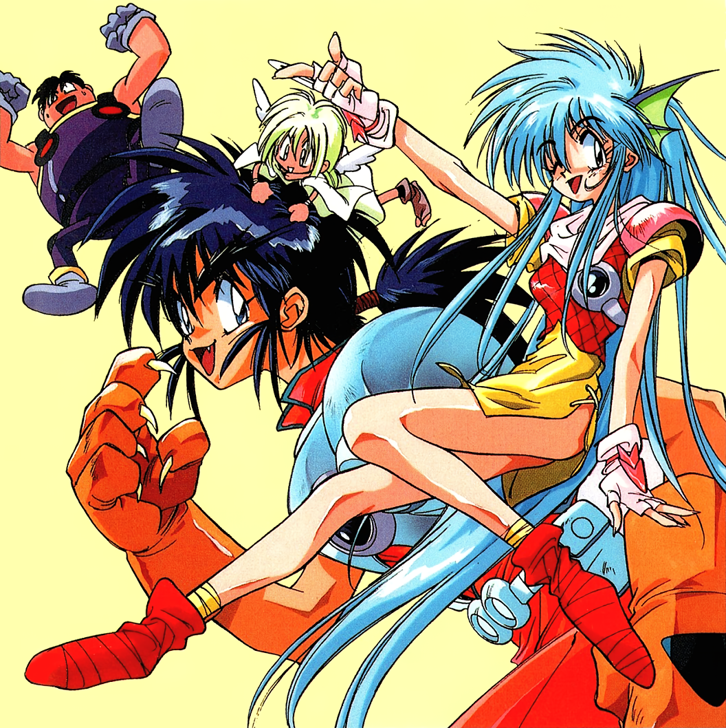 1990s_(style) 2boys 2girls absurdly_long_hair armor black_hair blue_eyes blue_hair breastplate claws fang feathered_wings fingerless_gloves flower gloves green_hair ko_seiki_beast_sanjuushi light_blue_hair long_hair looking_at_viewer mei_mer miniskirt multiple_boys multiple_girls non-web_source one_eye_closed open_mouth orange_gloves pink_gloves ponytail red_flower retro_artstyle simple_background skirt thick_eyebrows very_long_hair wan_derbard white_wings wings yellow_background yellow_skirt