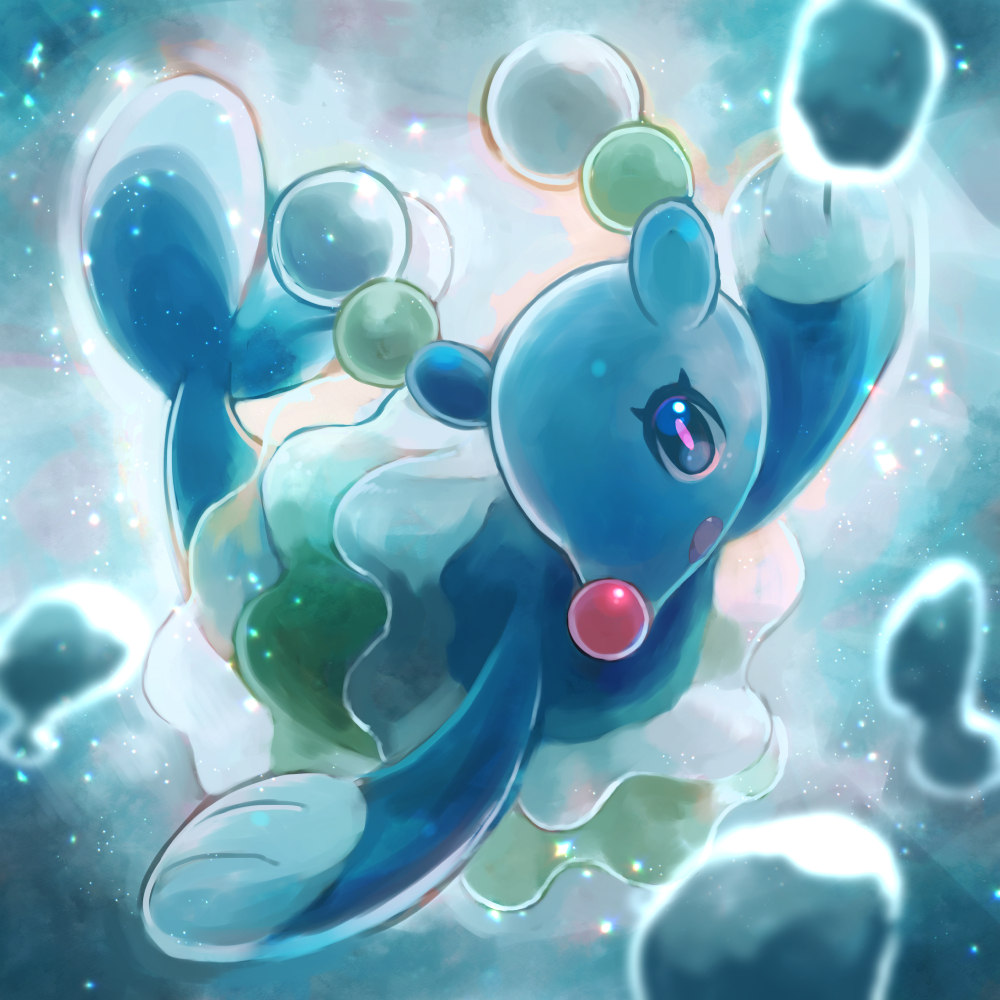 air_bubble blurry brionne bubble commentary_request eyelashes gen_7_pokemon grey_eyes kikuyoshi_(tracco) no_humans open_mouth outstretched_arms pink_pupils pokemon pokemon_(creature) smile solo tongue underwater