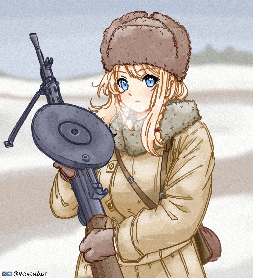 1girl bipod blonde_hair blue_eyes blurry blurry_background blush braid brown_headwear closed_mouth coat commentary day dp-27 dp28_(girls'_frontline) english_commentary expressionless fur-trimmed_coat fur_hat fur_trim girls'_frontline gun hat holding holding_gun holding_weapon light_machine_gun long_sleeves looking_at_viewer machine_gun military_coat military_hat military_uniform mittens outdoors snow soldier solo twitter_username twitter_x_logo uniform upper_body ushanka vkontakte_logo vkontakte_username voven weapon yellow_coat