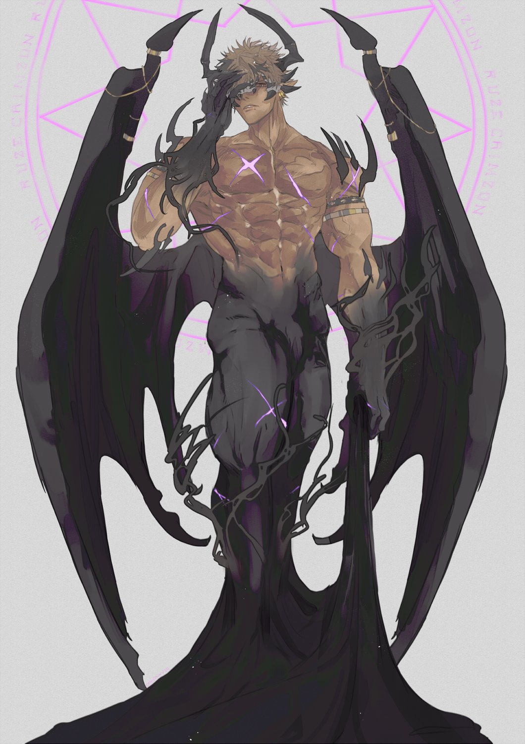 1boy abs alternate_form armlet black_hair black_skin broken_mask collarbone colored_skin crimzon_ruze cross_scar demon_boy demon_horns demon_wings earrings eye_mask glowing_scar grey_hair highres holostars holostars_english horns jewelry large_pectorals looking_at_viewer mask multicolored_hair multiple_horns muscular muscular_male navel orenjimaru parted_lips pectorals pointy_ears scar scar_on_arm scar_on_chest scar_on_leg shoulder_spikes solo spikes stomach tendril veins wings