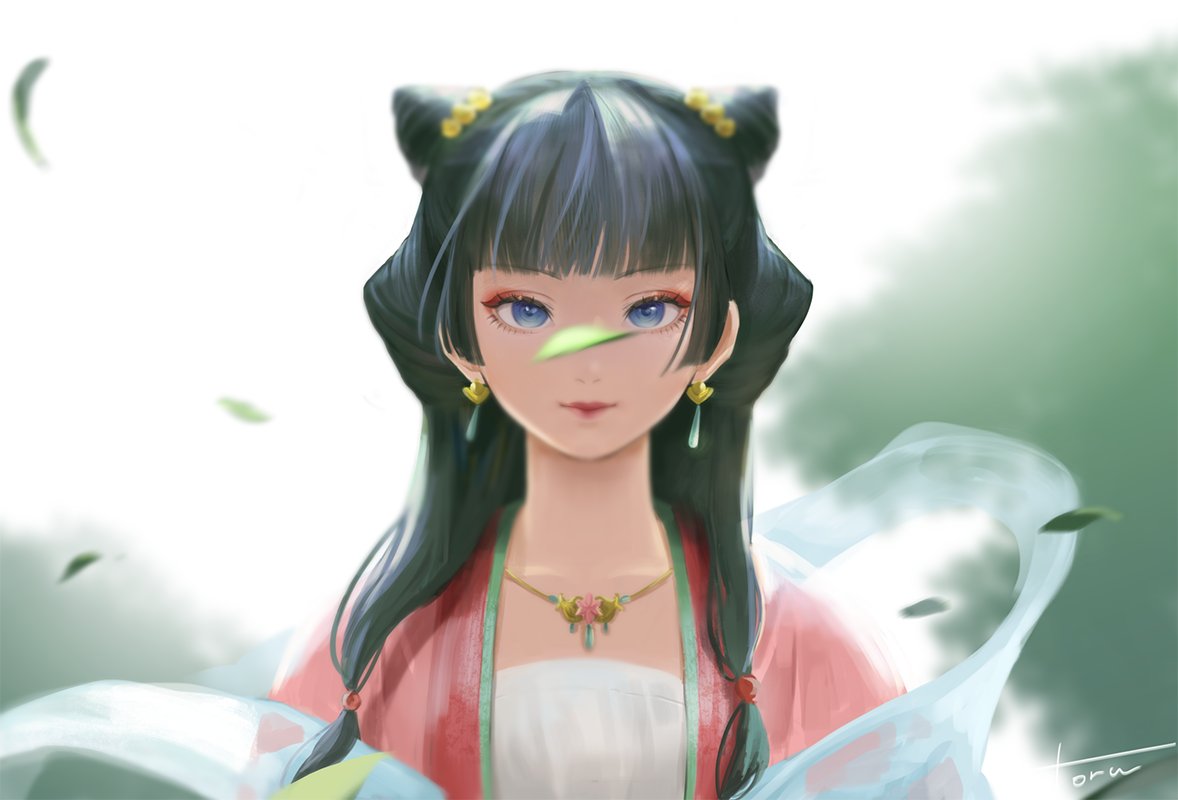 1girl beads black_hair blue_eyes blunt_bangs blurry chinese_clothes closed_mouth cone_hair_bun depth_of_field double_bun earrings eyeshadow falling_leaves floating_clothes green_background green_theme hagoromo hair_beads hair_bun hair_ornament hair_over_shoulder half_updo hanfu jacket jewelry korean_commentary kusuriya_no_hitorigoto leaf lipstick long_hair looking_at_viewer makeup maomao_(kusuriya_no_hitorigoto) motion_blur necklace pink_jacket red_lips see-through shawl signature smile solo upper_body v_anilla_lattee white_background