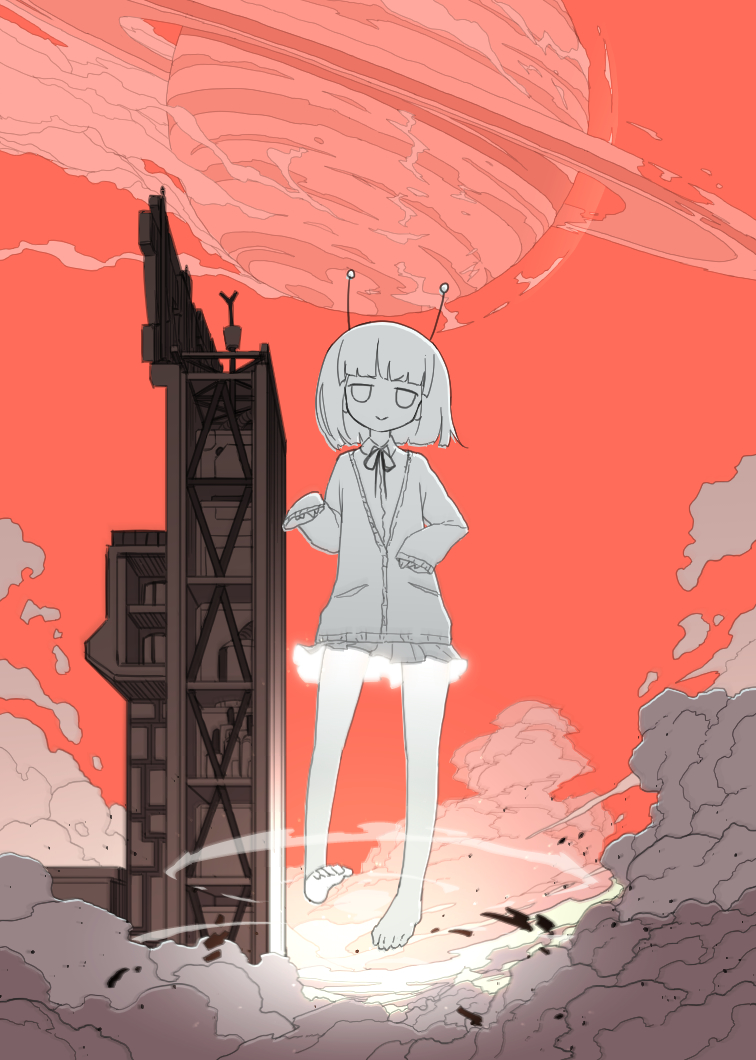 1girl :&gt; andromedako antennae barefoot blunt_bangs blunt_ends bob_cut cardigan collared_shirt commentary_request dust_cloud flying giant giantess glowing_clothes greyscale_with_colored_background hands_up jitome launch_pad long_sleeves looking_at_viewer miniskirt nayutalien nayutan_sei_kara_no_buttai neck_ribbon planet planetary_ring pleated_skirt ribbon shirt short_hair skirt sleeves_past_wrists solo v-shaped_eyebrows wide_shot yamadori_seika