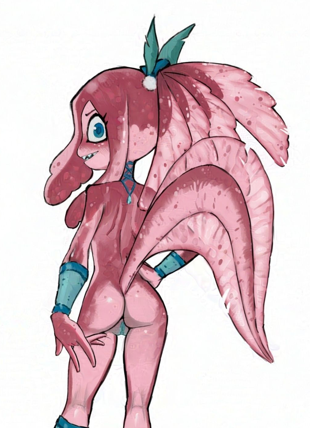 amphibian anthro axolotl blue_eyes blush bow_ribbon butt female genitals hair hand_on_butt hi_res looking_at_viewer looking_back marine mole_salamander multicolored_body pink_body ponytail presenting presenting_hindquarters presenting_pussy pussy raised_tail salamander scarred_rat simple_background solo tail two_tone_body white_background xalxal_(scarred_rat)