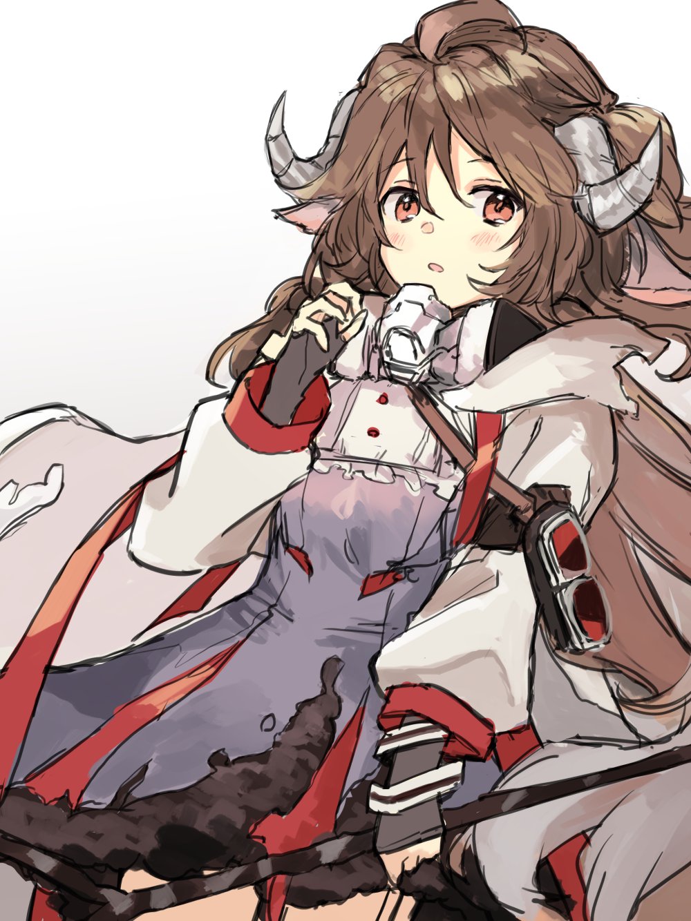1girl ahoge animal_ears arknights black_gloves blush brown_hair cowboy_shot dress exion_(neon) eyjafjalla_(arknights) fingerless_gloves gloves goggles goggles_around_arm goggles_removed highres holding holding_staff horns long_hair mask mask_around_neck open_mouth purple_dress red_eyes sheep_ears sheep_girl sheep_horns simple_background solo staff white_background white_sleeves