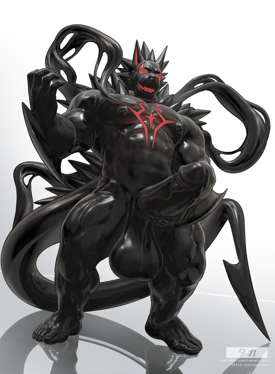 abs anthro arm_spikes balls biceps big_balls big_muscles big_penis black_body black_skin canid canine chest_markings claws elbow_spikes finger_claws fur genitals goo_suit hi_res horn humanoid_genitalia humanoid_penis male mammal markings muscular muscular_anthro muscular_male muscular_thighs nipples nude o_(takahirosi) pecs penis red_eyes red_markings red_sclera solo spade_tail spikes spikes_(anatomy) standing symbiote tail takahirosi white_body white_fur