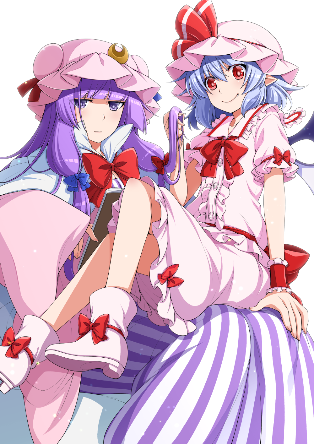 2girls blue_hair book bow dress eichi_yuu fang hair_bow hat highres holding_another's_hair mob_cap multiple_girls patchouli_knowledge pink_shirt pink_skirt purple_eyes purple_hair red_eyes remilia_scarlet shirt simple_background sitting sitting_on_lap sitting_on_person skirt smile striped_clothes striped_dress touhou vertical-striped_clothes vertical-striped_dress white_background
