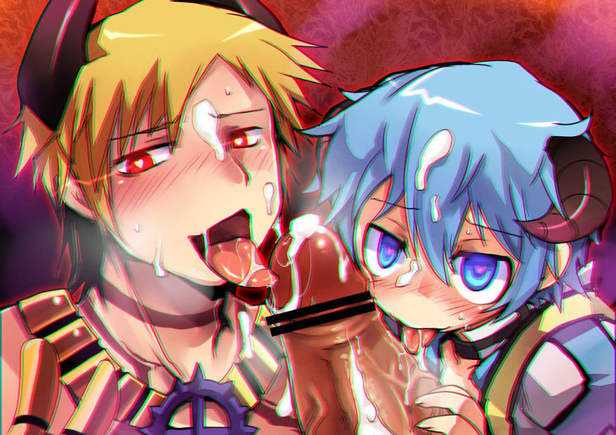 3boys archbishop_(ragnarok_online) bangs blonde_hair blue_eyes blue_hair blush bukkake coat commentary_request cum emon-yu eyebrows_visible_through_hair face facial fellatio gauntlets hair_between_eyes heart heart-shaped_pupils horns jewelry licking licking_penis looking_at_viewer male_focus multiple_boys multiple_fellatio necklace open_mouth oral penis ragnarok_online red_eyes short_hair shura_(ragnarok_online) symbol-shaped_pupils tongue tongue_out white_coat yaoi