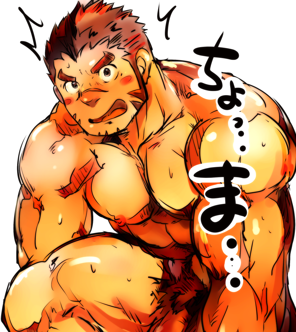 1boy akashi_(live_a_hero) bara blush blush_stickers completely_nude doro_rich dressing facial_hair goatee live_a_hero long_sideburns looking_at_viewer male_focus male_pubic_hair muscular muscular_male nude paid_reward_available pectoral_squeeze pectorals penis penis_out_of_frame penis_peek pubic_hair red_eyes red_hair scar scar_on_face scar_on_nose short_hair shy sideburns solo sweat thick_eyebrows translation_request