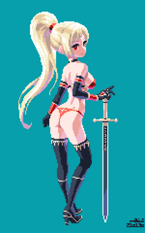 1girl ass bikini blonde_hair boots elbow_gloves from_behind gloves high_heel_boots high_heels holding holding_sword holding_weapon long_hair mabius original pixel_art red_bikini red_eyes simple_background solo swimsuit sword thigh_boots very_long_hair weapon