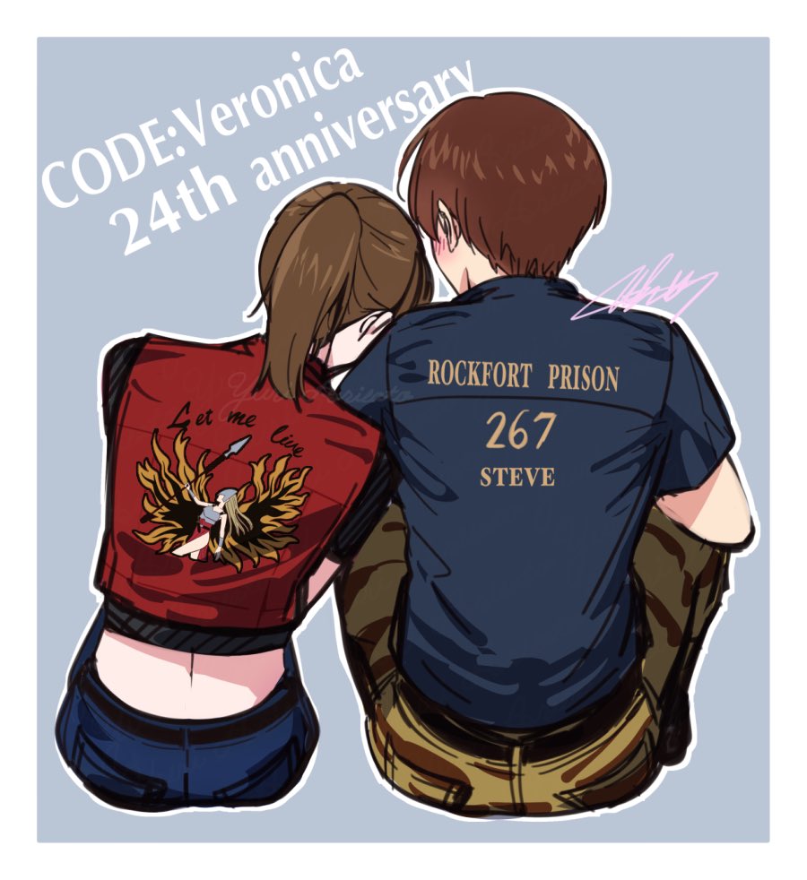 1boy 1girl anniversary back bare_shoulders blue_pants blue_shirt blush brown_hair camouflage camouflage_pants character_name claire_redfield denim head_on_another's_shoulder high_ponytail jeans looking_at_another mar0maru midriff pants prison_clothes red_shirt resident_evil resident_evil_-_code:_veronica shirt signature simple_background sitting steve_burnside uniform