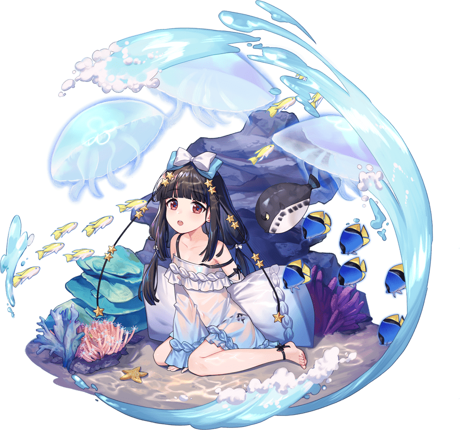 1girl :o ankle_ribbon ark_order artist_request bangs barefoot black_hair black_panties black_ribbon coral dress fish frilled_dress frills hair_ornament jellyfish long_hair long_sleeves looking_at_viewer low_twintails nakisawame_(ark_order) official_art panties red_eyes ribbon rock sand sea_anemone side-tie_panties sitting solo spaghetti_strap star_(symbol) star_hair_ornament starfish tachi-e toenails transparent_background twintails underwear wariza water waves wet wet_clothes wet_dress white_dress