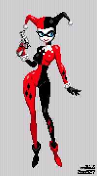 1girl blue_eyes bodysuit breasts dc_comics domino_mask gun harley_quinn holding holding_gun holding_weapon lowres mabius mask pixel_art simple_background smile solo weapon wide_hips