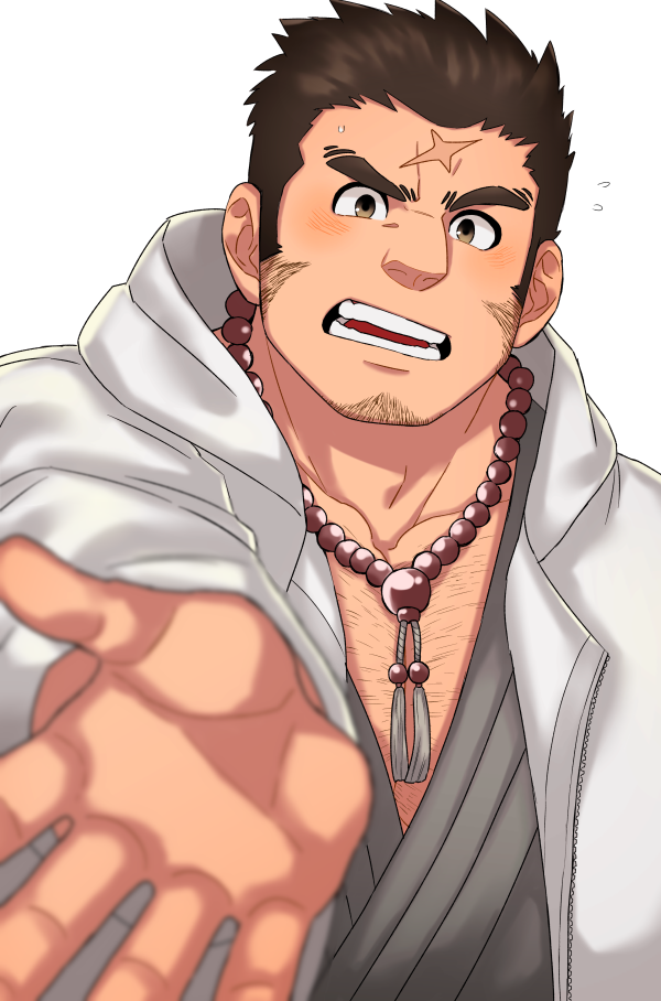 1boy bad_id bad_pixiv_id bara beckoning blush cross_scar facial_hair goatee_stubble hood hooded_jacket houzouin_oniwaka jacket japanese_clothes kimono large_pectorals looking_at_viewer male_focus mature_male muscular muscular_male oskn_tengoku outstretched_hand pectoral_cleavage pectorals reaching reaching_towards_viewer scar scar_on_face scar_on_forehead short_hair sideburns sideburns_stubble solo stubble thick_eyebrows tokyo_afterschool_summoners upper_body v-shaped_eyebrows