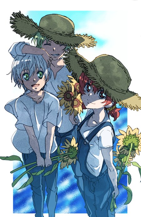 1girl 2boys character_request closed_mouth denim flower fumiko_(mesushi) green_eyes green_hair hat iria_animi jeans looking_at_viewer multiple_boys open_mouth pants red_eyes red_hair ruca_milda short_hair smile straw_hat sunflower suspenders tales_of_(series) tales_of_innocence white_hair