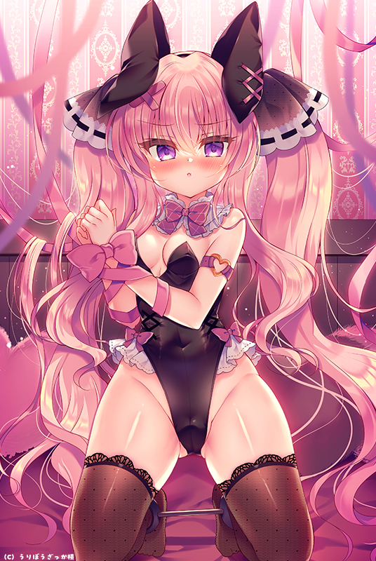 1girl animal_ears ankle_cuffs arm_strap black_leotard black_thighhighs blush bound bound_wrists bow bowtie breasts covered_navel detached_collar fake_animal_ears hair_ornament highleg highleg_leotard indoors kneeling leotard lilia_chocolanne long_hair looking_at_viewer original pink_hair playboy_bunny purple_eyes rabbit_ears restrained small_breasts solo strapless strapless_leotard suzunone_rena thighhighs traditional_bowtie twintails very_long_hair x_hair_ornament