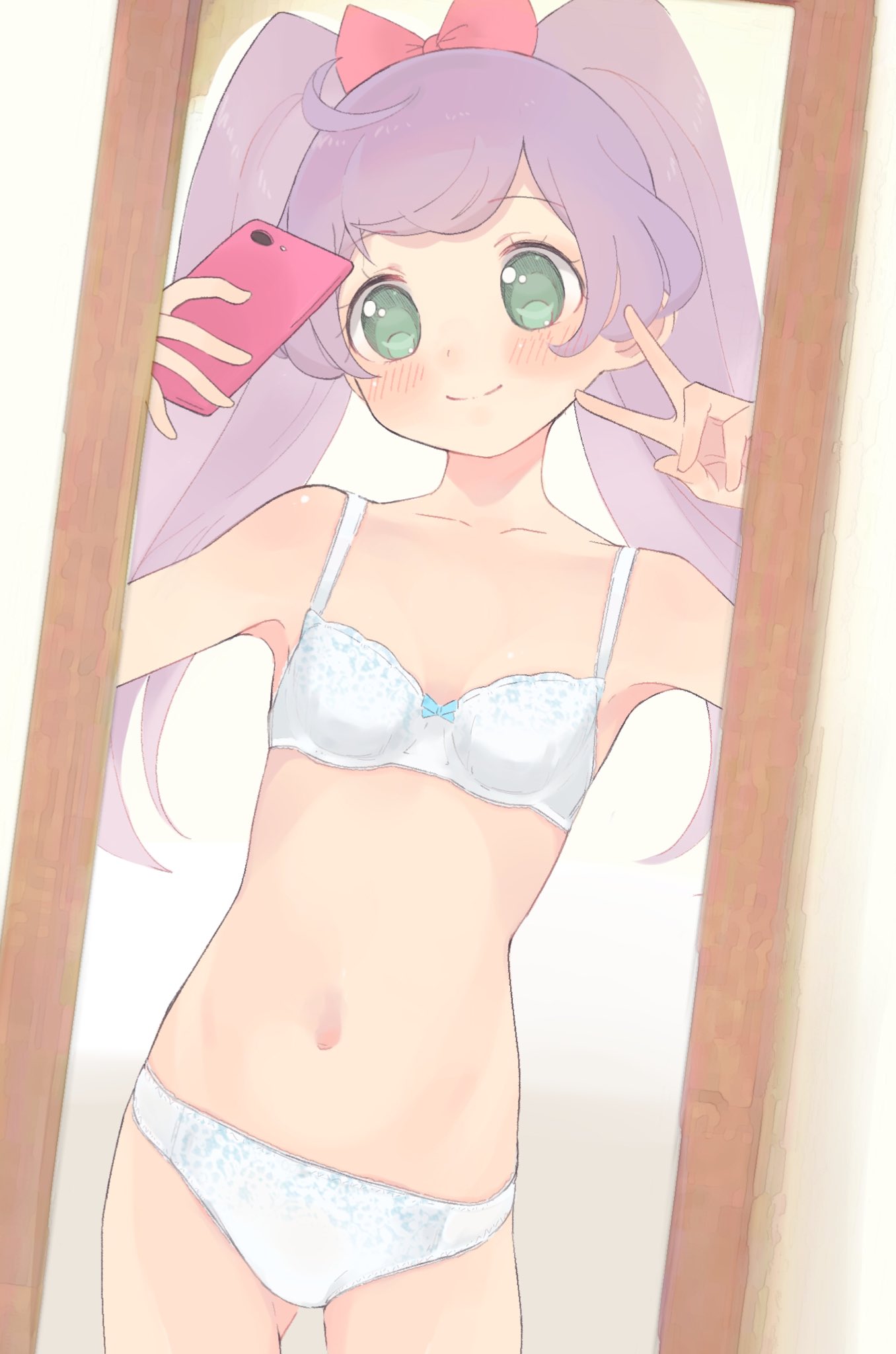 1girl aged_up ahoge ass_visible_through_thighs bare_arms bare_legs bare_shoulders bow bow_bra bra cellphone collarbone commentary cowboy_shot dot_nose full-length_mirror green_eyes hair_bow head_out_of_frame highres holding holding_phone hyakumangoku_masurao indoors long_hair looking_at_mirror manaka_laala mirror navel panties phone pink_bow pretty_series pripara purple_hair selfie smartphone smile solo standing stomach twintails underwear underwear_only v white_bra white_panties