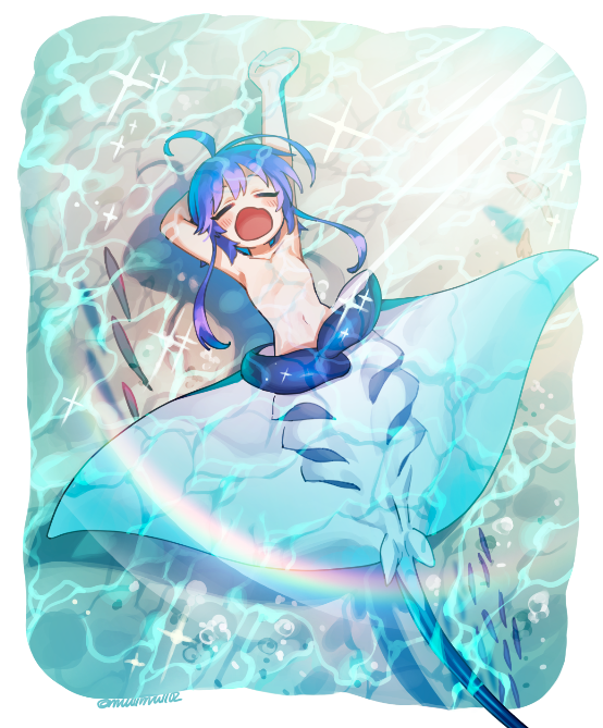 1girl ahoge air_bubble arm_behind_head arm_pillow arms_up blue_hair blue_theme breasts bubble caustics day facing_viewer from_above gradient_hair lying manta_ray_girl mermaid monster_girl mullmull02 multicolored_hair nature navel no_nipples nude on_back open_mouth original outside_border partially_submerged purple_hair rainbow school_of_fish short_hair_with_long_locks small_breasts solo sunlight taur twitter_username two-tone_hair water yawning