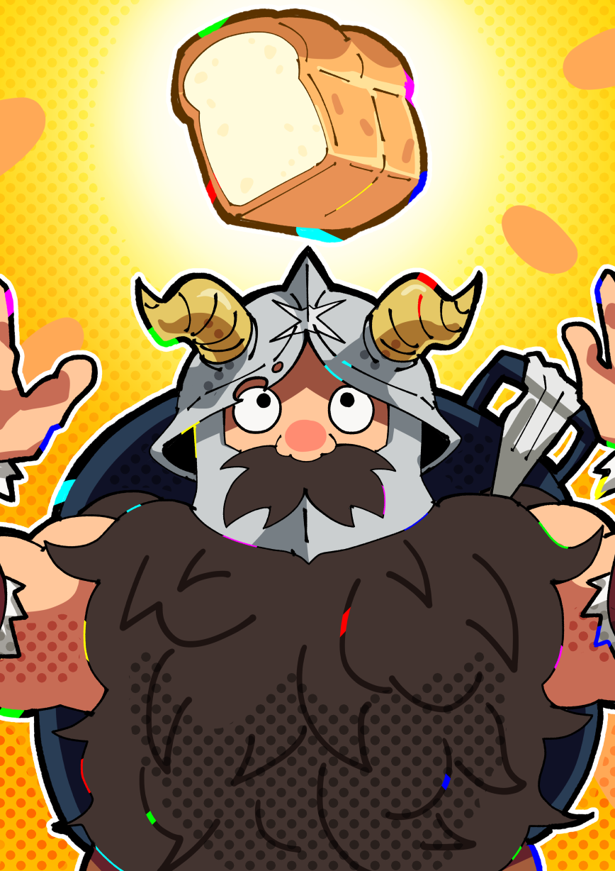 1boy arms_up beard black_outline bread brown_hair derivative_work dungeon_meshi dwarf facial_hair fake_horns food gradient_background helmet highres horned_helmet horns joyoekaki long_beard male_focus muscular muscular_male outline screencap_redraw senshi_(dungeon_meshi) solo thick_mustache upper_body very_long_beard wok