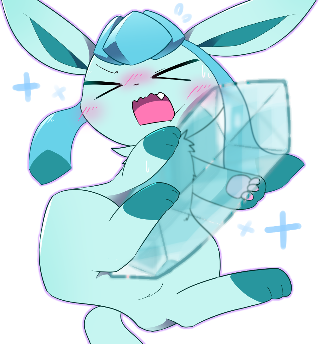 2022 ambiguous_gender blush blush_lines bodily_fluids digital_media_(artwork) eeveelution eyes_closed fangs floating fur generation_4_pokemon glaceon holding_object ice kemono nintendo open_mouth pawpads paws pokemon pokemon_(species) shaded simple_background simple_shading solo sparkles suro113 sweat sweatdrop teeth three-quarter_view wavy_mouth white_background