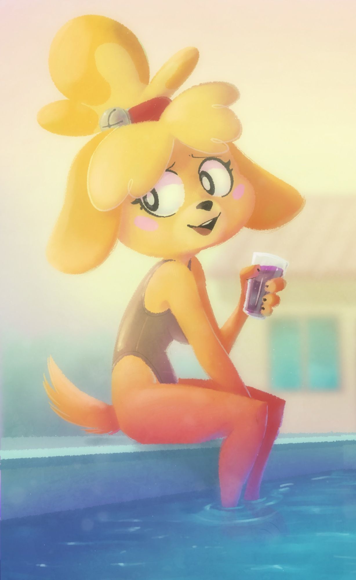 2023 animal_crossing anthro bell beverage black_claws black_nose blonde_hair blurred_background buckteeth building canid canine canis claws clothing colored domestic_dog eyebrows eyelashes feet_in_water female floppy_ears fur glass grey_clothing grey_swimwear hair hand_between_legs hi_res holding_glass holding_object isabelle_(animal_crossing) jingle_bell looking_away mammal nintendo one-piece_swimsuit open_mouth pastel_(artwork) pink_cheeks pool red_accessory red_clothing shaded shih_tzu short_tail sitting solo swimwear tail teeth thin_eyebrows tied_hair tongue toy_dog traditional_media_(artwork) tyokio window yellow_body yellow_fur