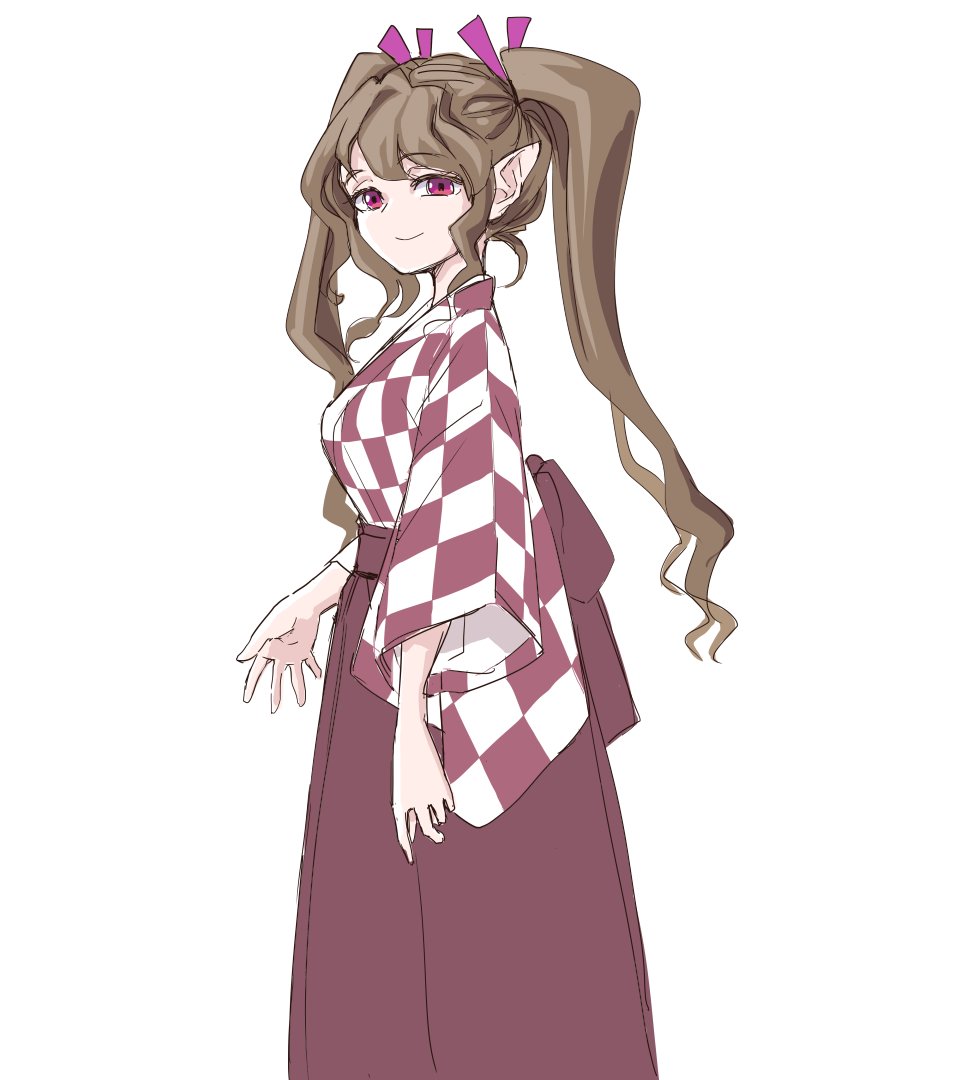 1girl brown_hair himekaidou_hatate japanese_clothes long_skirt plaid plaid_shirt pointy_ears purple_eyes purple_skirt s-a-murai shirt simple_background skirt smile solo taishou touhou twintails white_background wide_sleeves