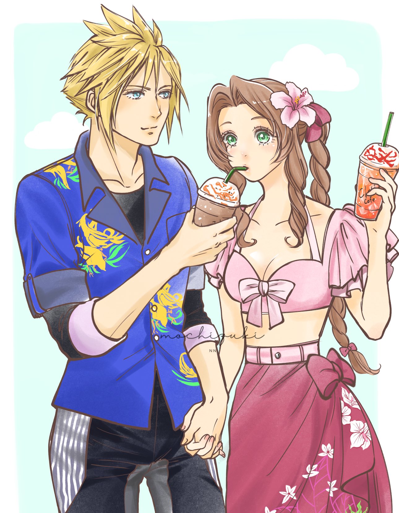 1boy 1girl aerith_gainsborough aerith_gainsborough_(floral_delight) animal_print artist_name black_shirt black_shorts blonde_hair blue_eyes blue_shirt border braid braided_ponytail breasts brown_hair chocobo cleavage cloud_strife cloud_strife_(ocean_chocobo) couple cowboy_shot crop_top drink drinking drinking_straw drinking_straw_in_mouth final_fantasy final_fantasy_vii final_fantasy_vii_rebirth final_fantasy_vii_remake floral_print flower frilled_sleeves frills green_eyes hair_flower hair_ornament hair_ribbon hetero highres holding holding_drink holding_hands interlocked_fingers light_smile medium_breasts midriff official_alternate_costume omochi_daisuki parted_bangs pink_sarong pink_shirt print_shirt ribbon shirt shirt_under_shirt short_sleeves shorts sidelocks single_braid spiked_hair wavy_hair white_border