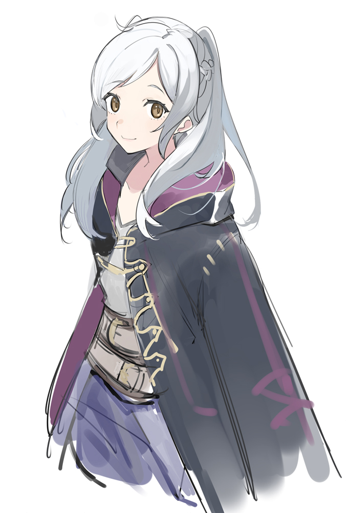1girl belt black_robe braid brown_belt brown_eyes closed_mouth commentary_request fire_emblem fire_emblem_awakening french_braid hood hood_down hooded_robe long_hair long_sleeves looking_at_viewer menoko open_clothes open_robe robe robin_(female)_(fire_emblem) robin_(fire_emblem) simple_background smile solo swept_bangs twintails white_background white_hair
