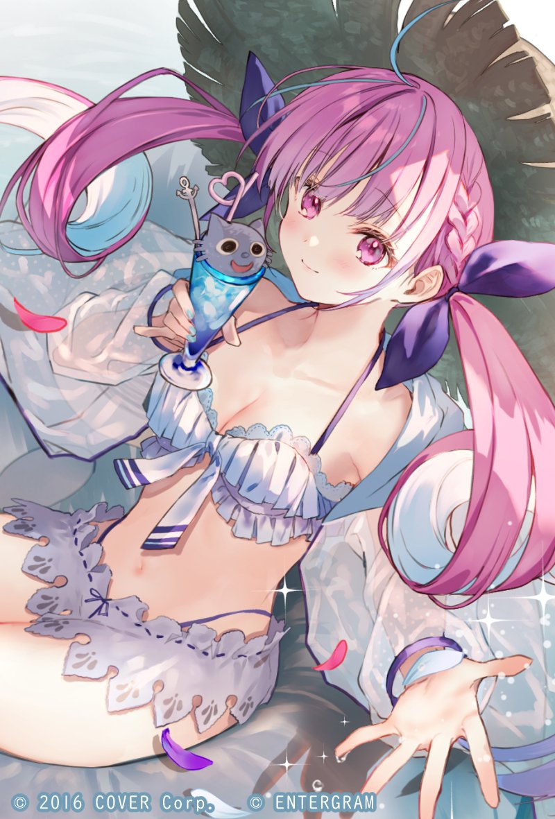 1girl bendy_straw bikini bikini_skirt blue_hair blue_nails blush bow closed_mouth collarbone cowboy_shot dot_nose drink drinking_straw dutch_angle floating_hair frilled_bikini frills hair_bow hanekoto highleg highleg_bikini holding holding_drink hololive legs_together long_hair long_sleeves looking_at_viewer minato_aqua multicolored_hair nail_polish navel official_art open_clothes open_shirt pink_eyes pink_hair purple_bow see-through see-through_shirt shirt sidelocks smile solo stomach streaked_hair swimsuit thighs twintails virtual_youtuber watermark white_bikini white_shirt