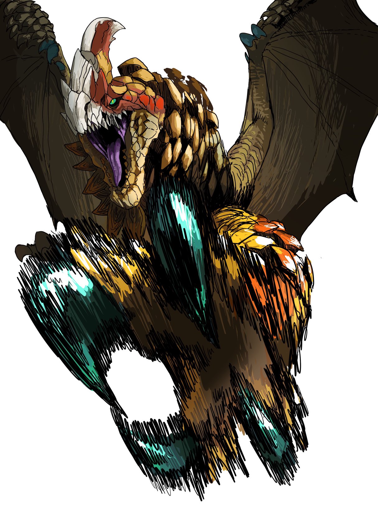 claws colored_tongue dragon flying green_eyes highres horns incoming_attack looking_at_viewer monster_hunter_(series) motion_lines no_humans open_mouth pekoson purple_tongue scales seregios sharp_teeth simple_background single_horn slit_pupils solo tail teeth white_background wings wyvern